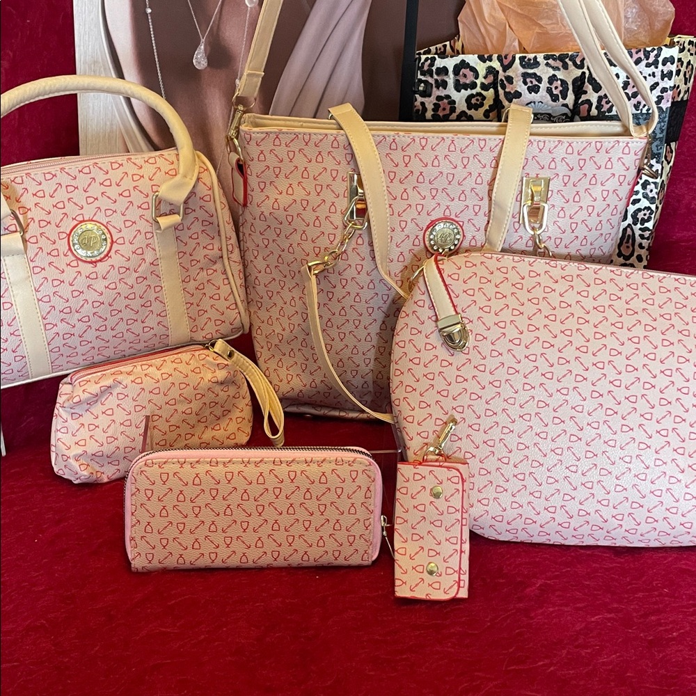 JACQULINE PEPPA BRAND 6 PIECE HANDBAG SATCHEL SET PINK & TAN WITH GOLD HARDWARE